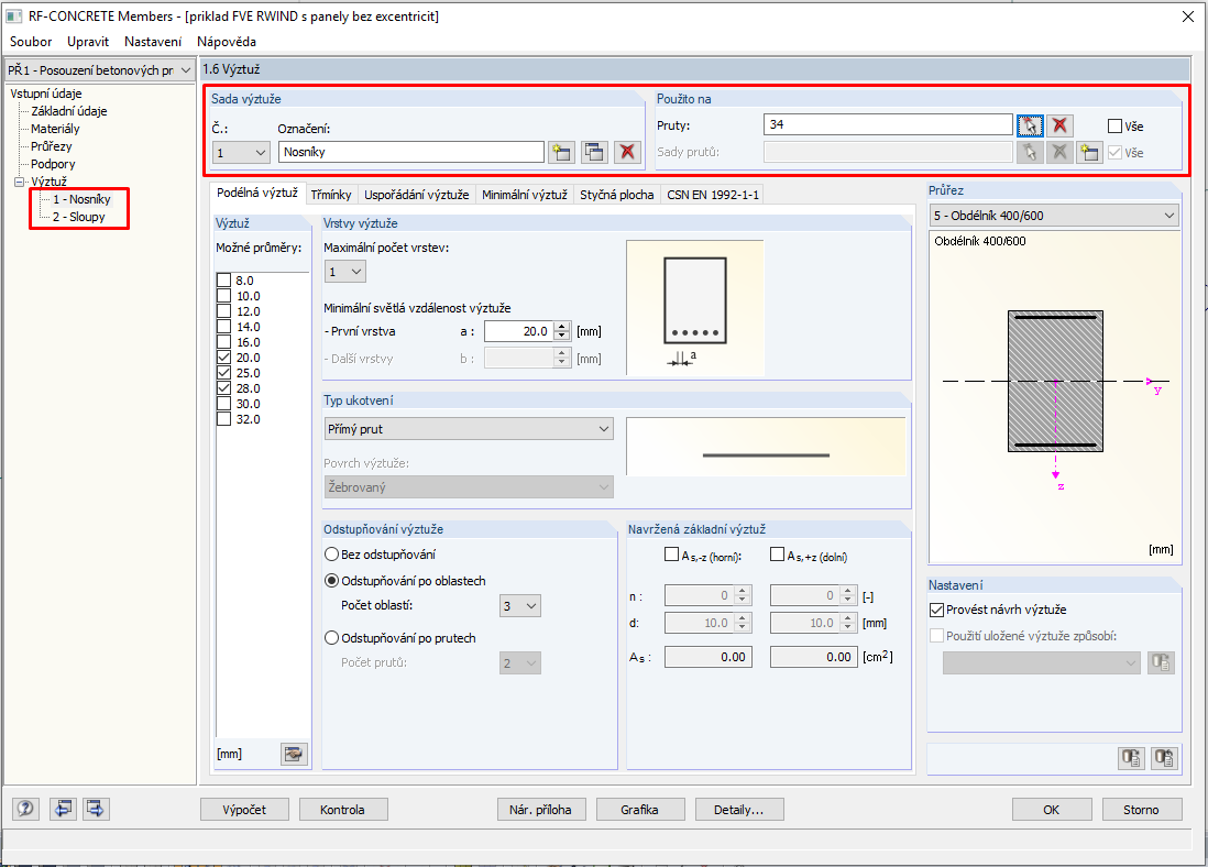 Dialog "1.6 Výztuž" v RF-CONCRETE Members