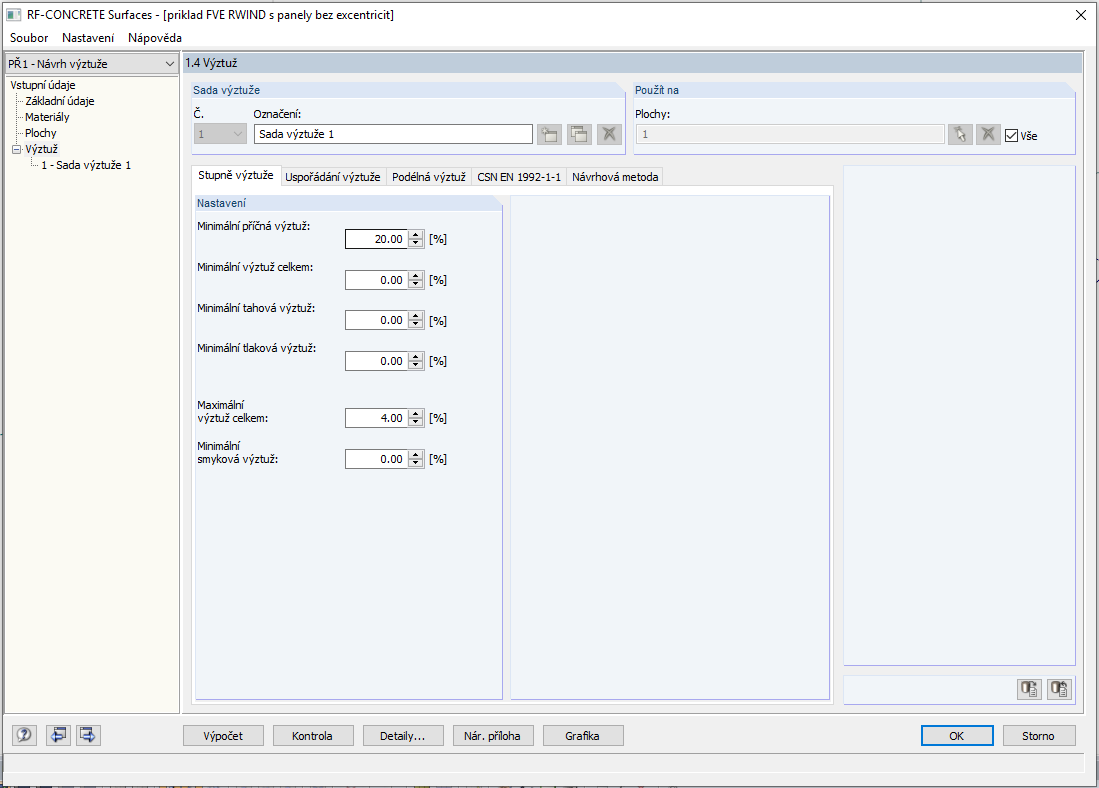 Dialog "1.4 Výztuž" v RF-CONCRETE Surfaces