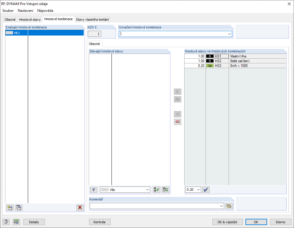 Dialog „Hmotové kombinace“ v modulu RF-/DYNAM Pro