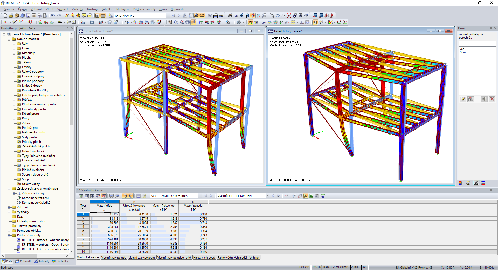 Modální analýza v programu RFEM - tabulkové a grafické vyhodnocení