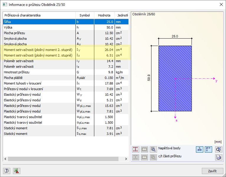 Moment setrvačnosti plochy v programu RFEM