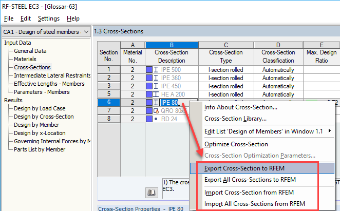 Export upraveného průřezu do programu RFEM