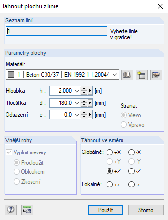 Dialog "Táhnout plochu z linie"