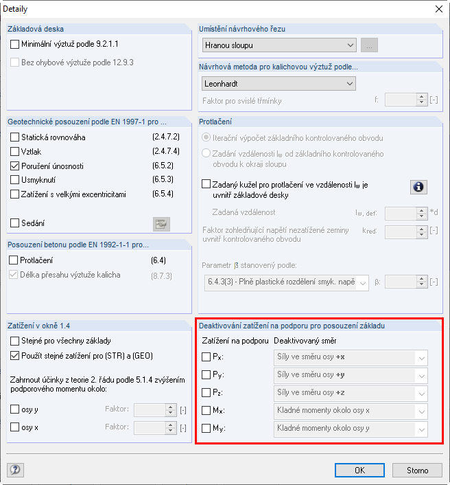 Deaktivace podporového zatížení pro návrh základu