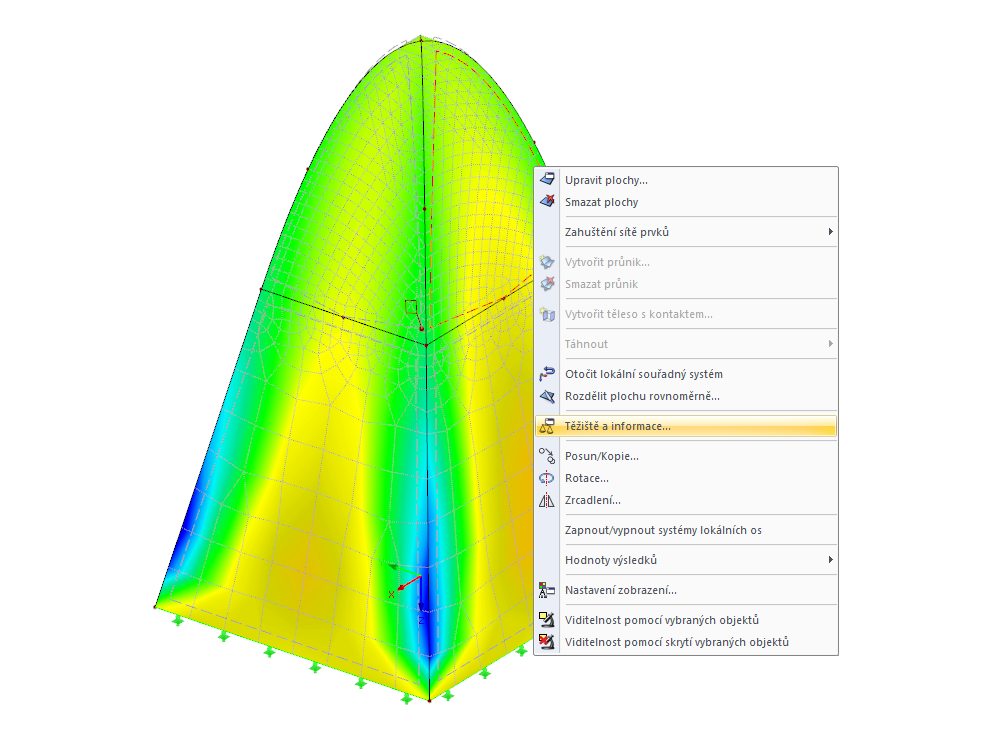 Místní nabídka vybrané plochy s možností "Těžiště a informace"