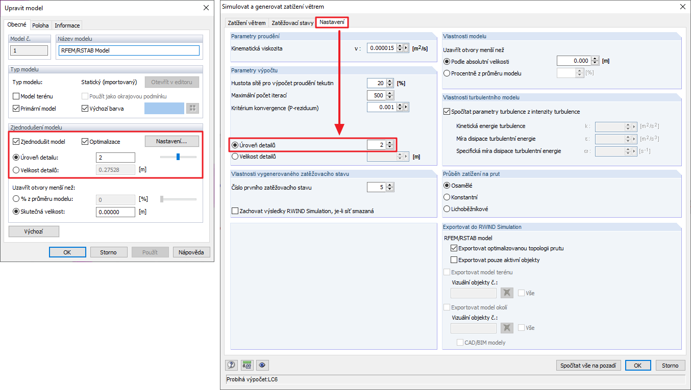 Nastavení úrovně detailů v programu RWIND Simulation (vlevo) a v programu RFEM (vpravo)