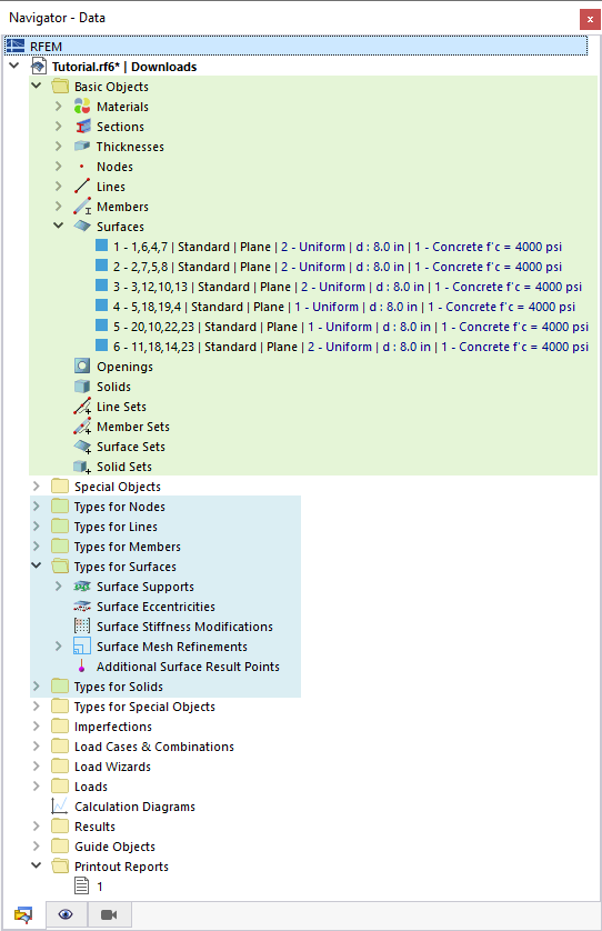 Základní objekty (zeleně) a typy pro základní objekty (modře) v navigátoru