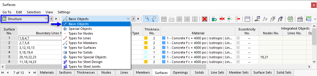 Základní objekty a typy pro základní objekty v tabulce