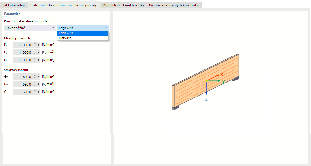 Parametry izotropního lineárně elastického materiálu pro dřevo pro pruty