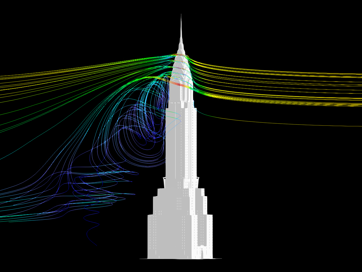 Chrysler Building a výsledky simulace větru