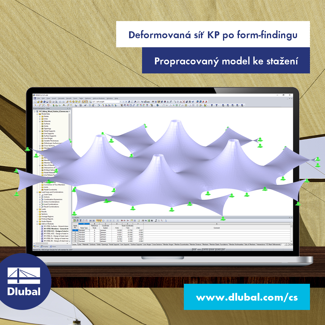 Deformovaná síť KP po form-findingu