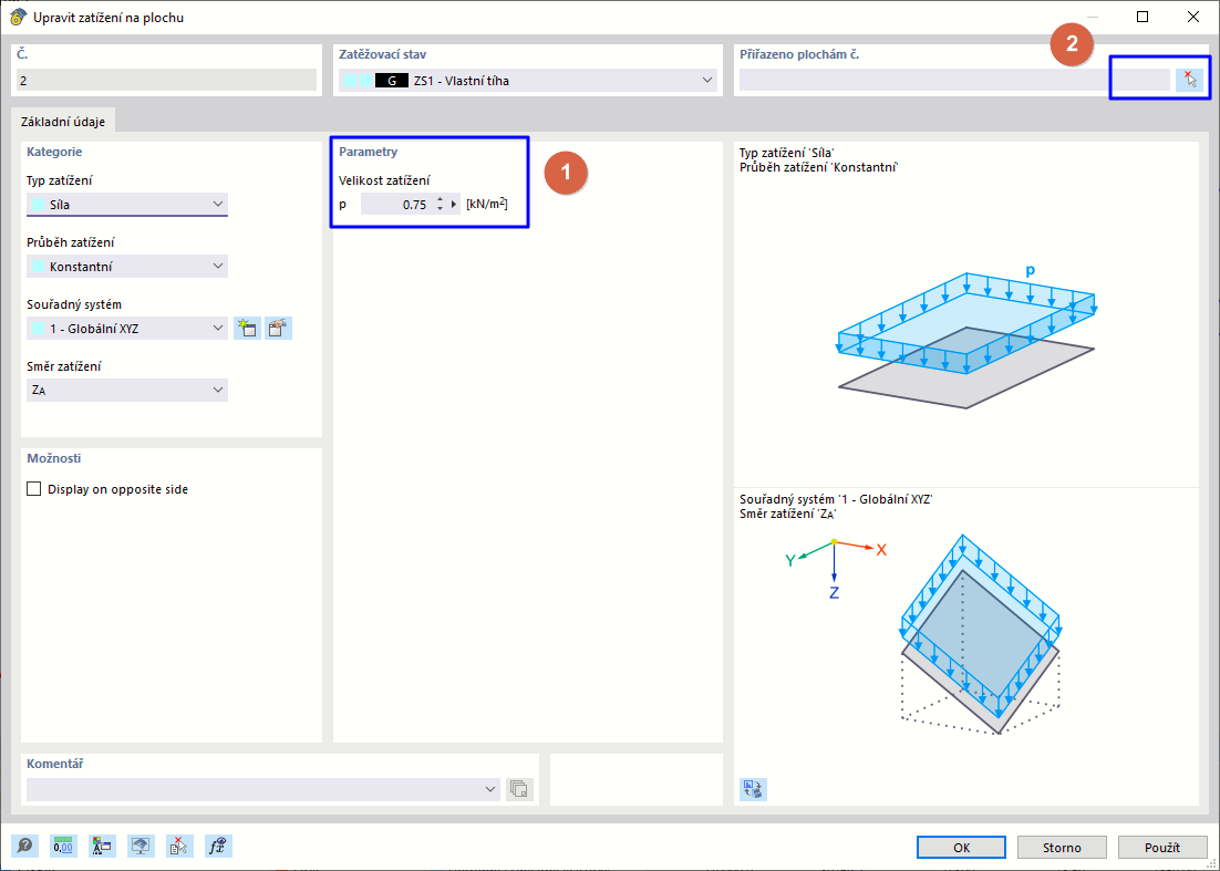 Dialog „Nové zatížení na plochu“