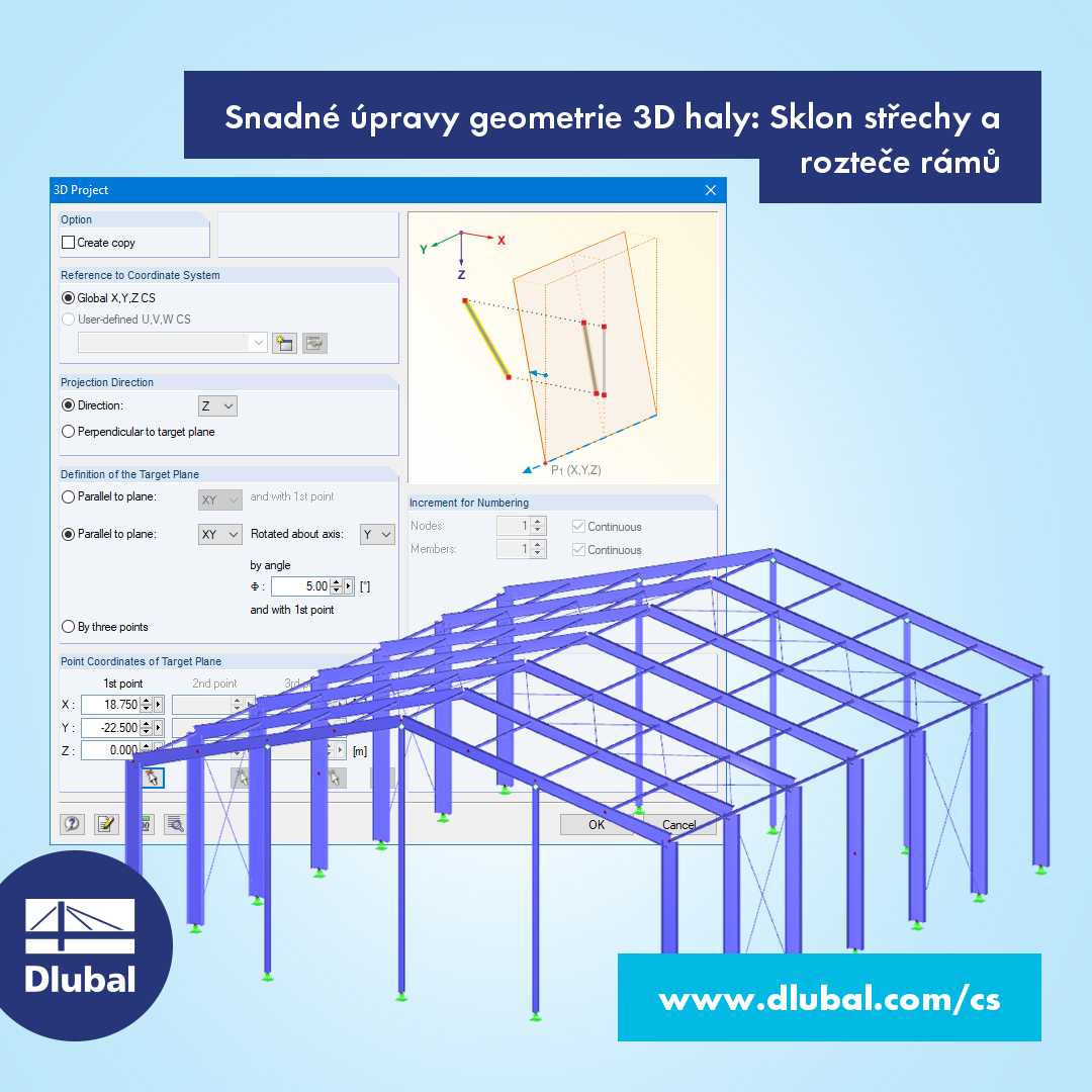 Snadné úpravy geometrie 3D haly: Sklon střechy a rozteče rámů