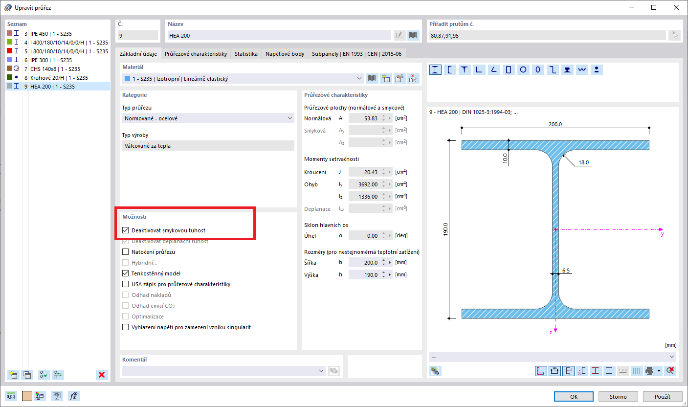 FAQ 005073 | Jak mohu deaktivovat zohlednění smykové tuhosti pro výpočet průřezu?