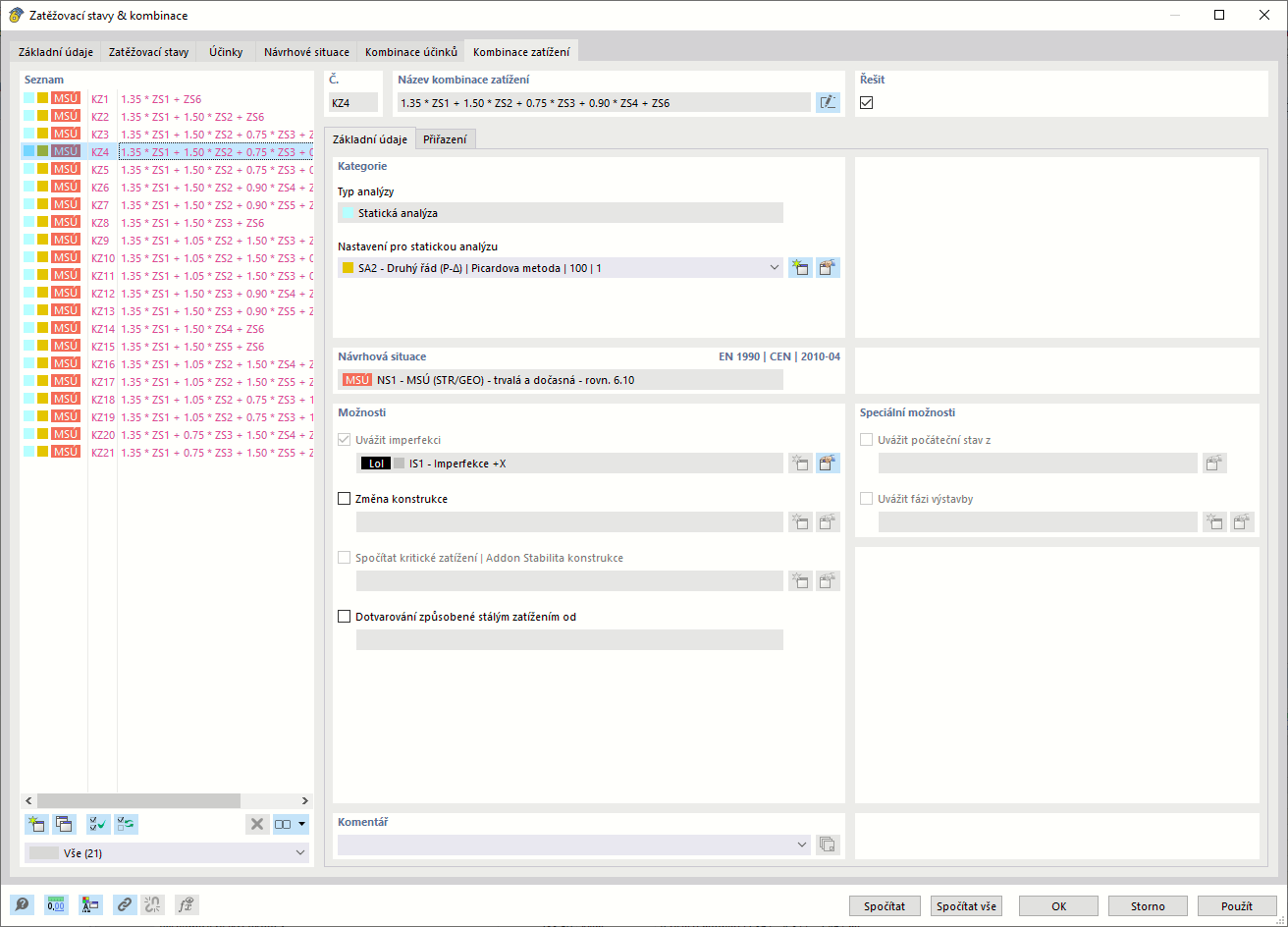 Záložka "Kombinace zatížení" v dialogu "Zatěžovací stavy a kombinace"