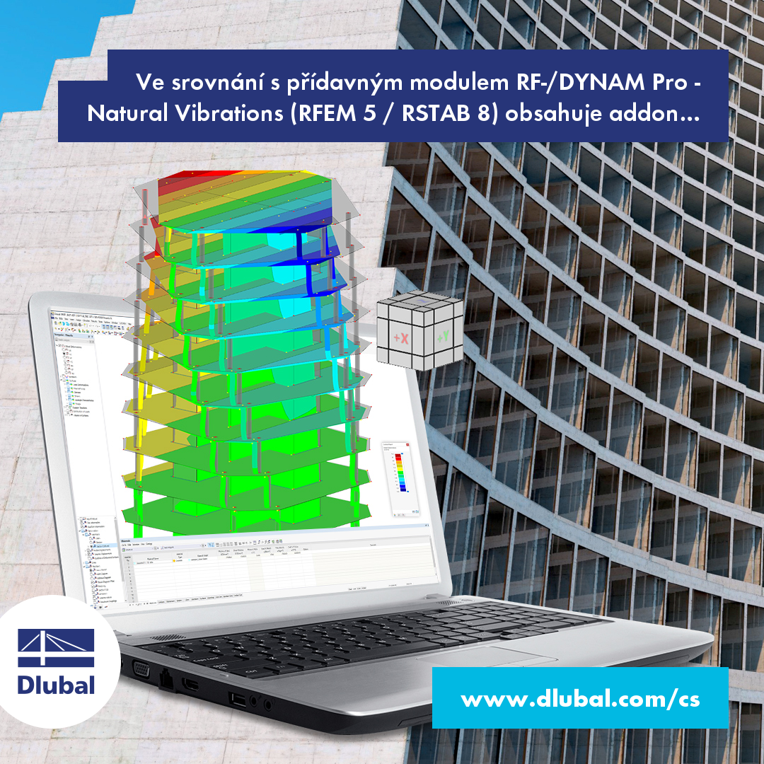 Ve srovnání s přídavným modulem RF-/DYNAM Pro - Natural Vibrations (RFEM 5 / RSTAB 8) obsahuje addon Modální analýza pro RFEM 6 / RSTAB 9 různé nové funkce.