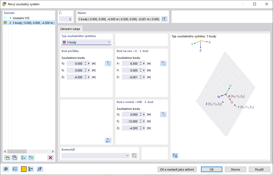 Dialog ' Nový souřadný systém '