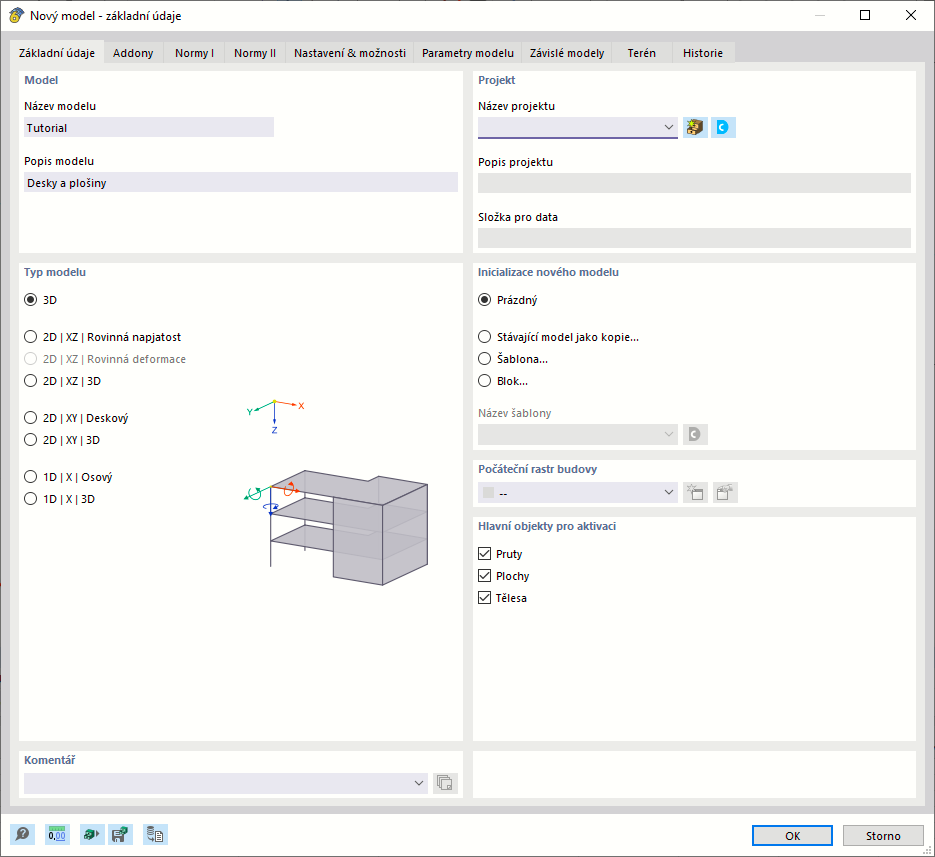 Dialog 'Nový model - základní údaje'