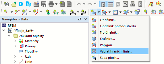 Typ "Vybrat hraničení linie" v seznamu tvarů ploch