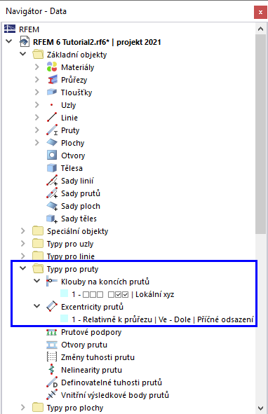 Položky "Typy prutů" v navigátoru