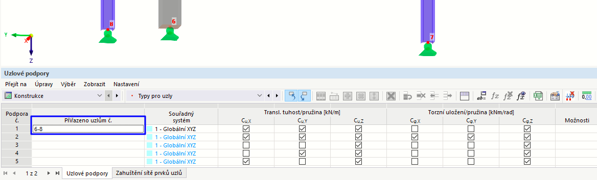 Zadání uzlových podpor v tabulce