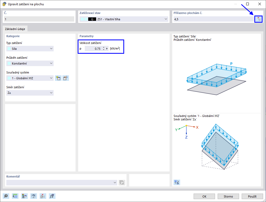 Dialog „Nové zatížení na plochu“