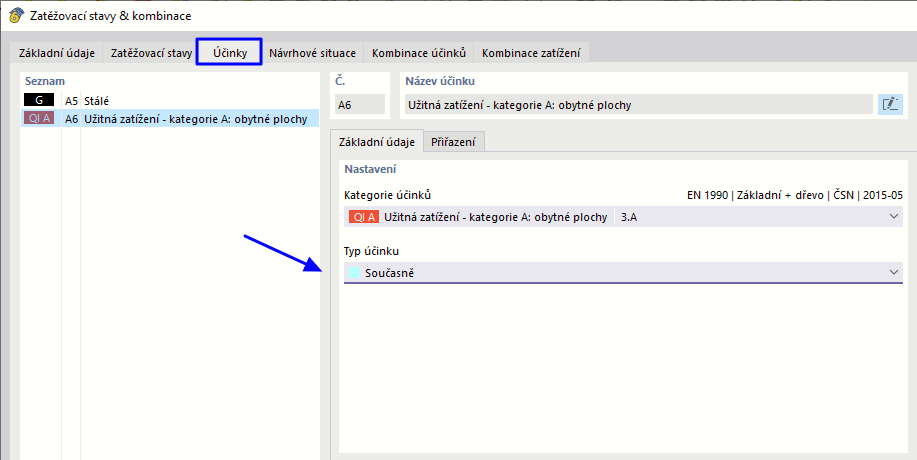 Užitné zatížení Typ účinku "Současně"