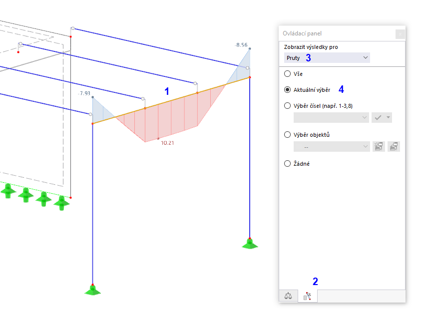 Použití aktuálního výběru pro zobrazení momentů nosníku rámu