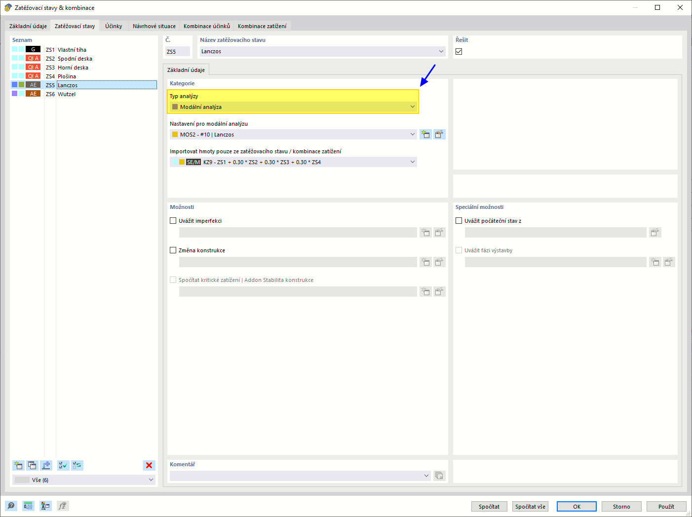 Pro zatěžovací stav definujte typ analýzy 'Modální analýza'