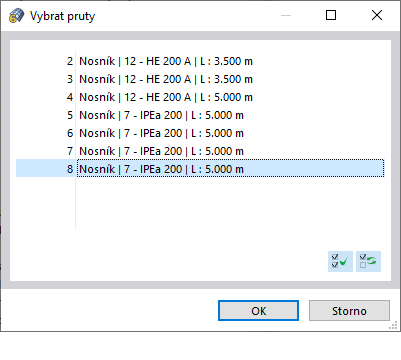 Výběr prutů v dialogu