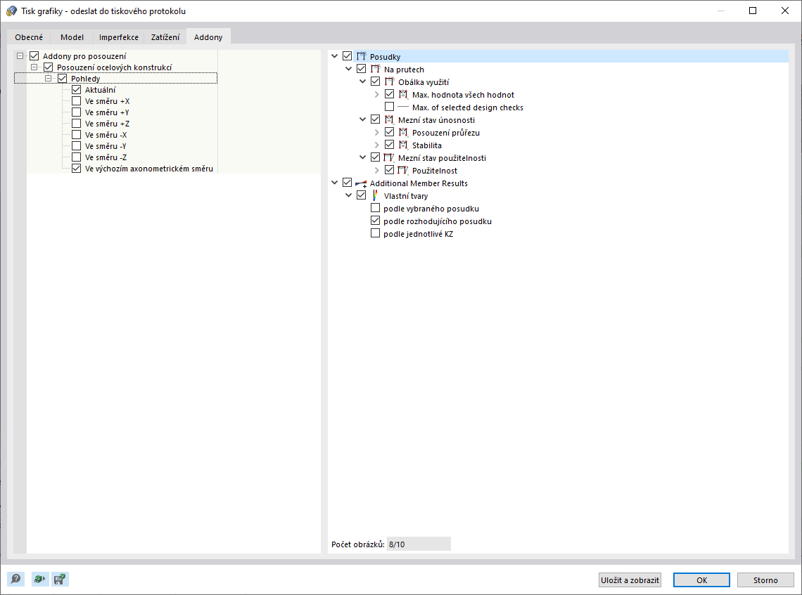 Addon Grafický tisk - Vícenásobný tisk výsledků - Posouzení ocelových konstrukcí