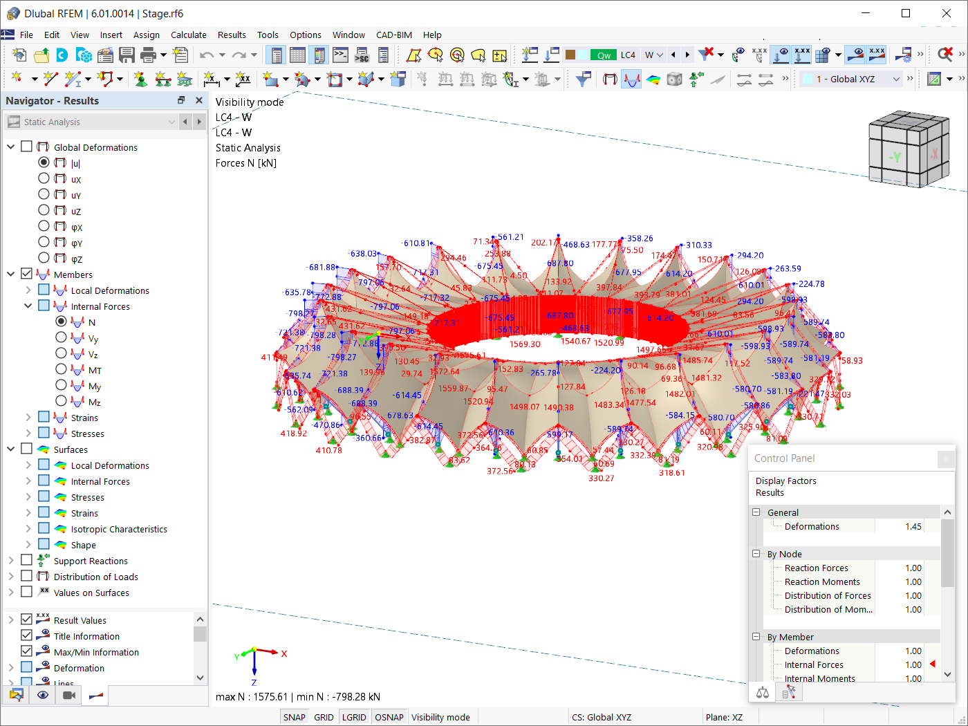 Výsledky pro případ zatížení větrem v programu RFEM 6