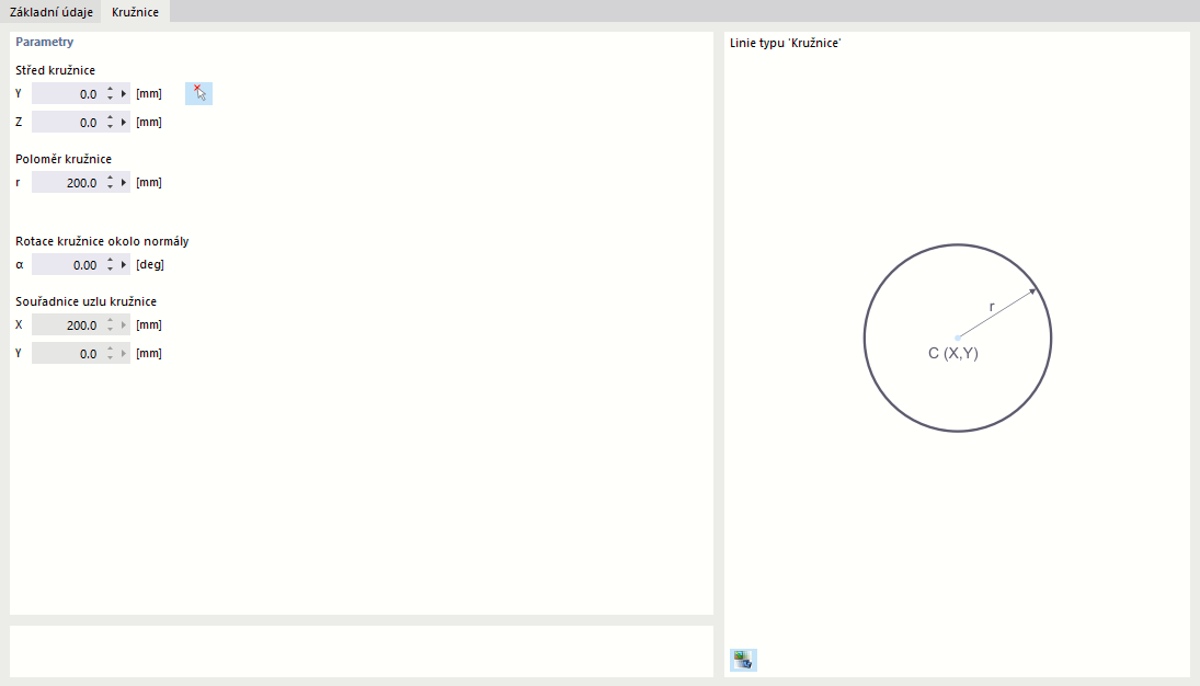 Dialog 'Nová linie ', záložka' Kružnice '