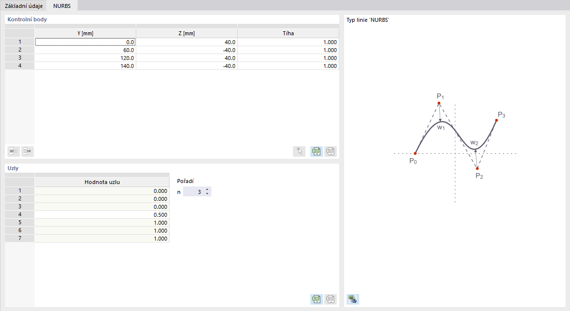 Dialog 'Nová linie ', záložka' NURBS '