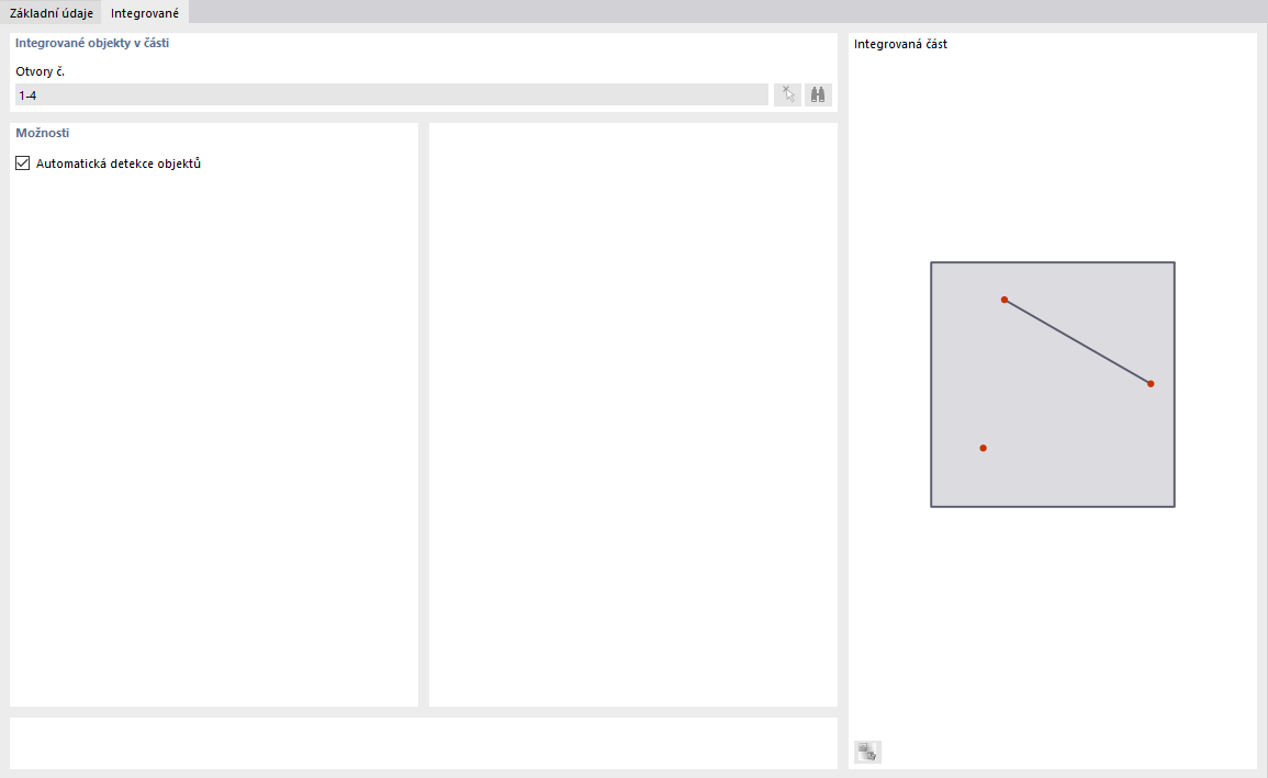 Dialog 'Nová část ', záložka' Integrované objekty '
