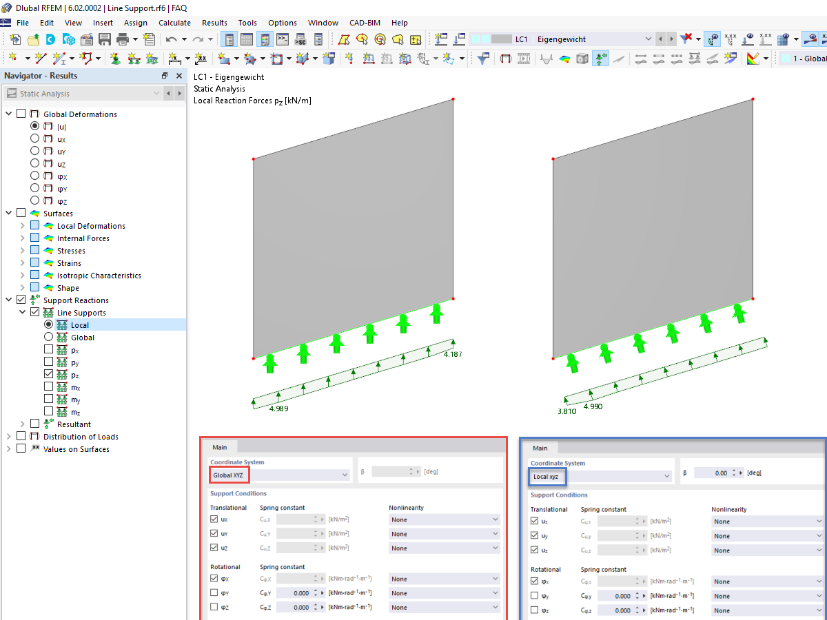 FAQ 005221 | V programu RFEM 6 se u liniových podpor nezobrazují lokálně. Jak musím postupovat, abych je obdržel?