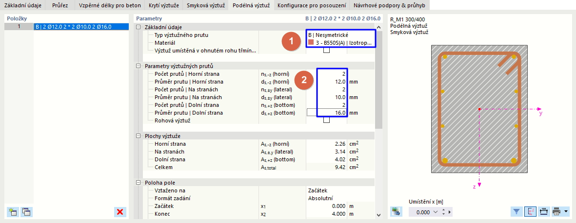 Zadání podélné výztuže