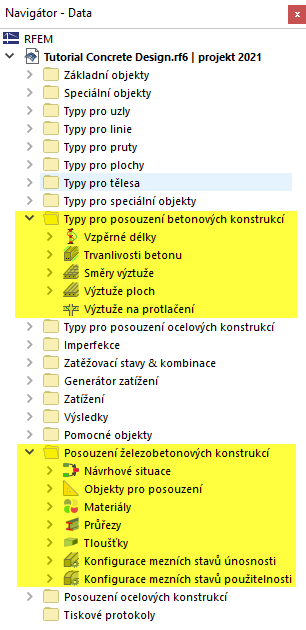 Položky navigátoru relevantní k posouzení železobetonových konstrukcí
