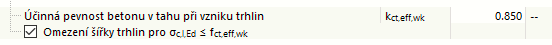 Zadejte efektivní pevnost betonu v tahu pro výpočet šířky trhlin