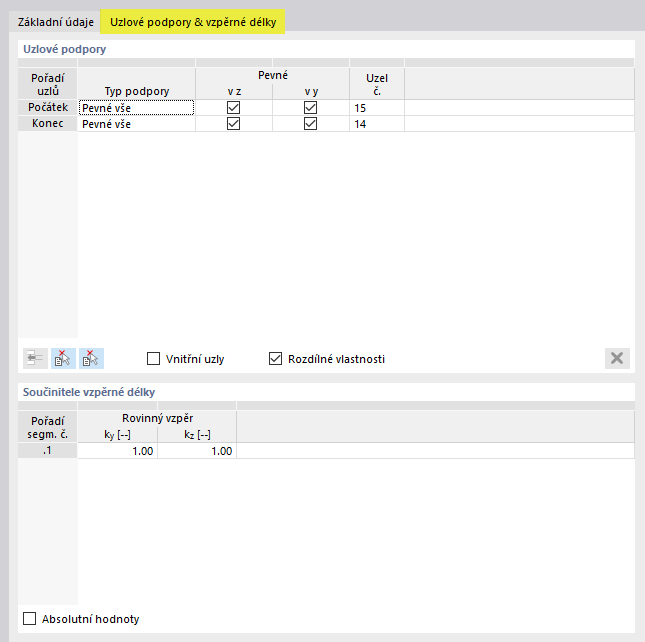 Záložka "Uzlové podpory a účinné délky"