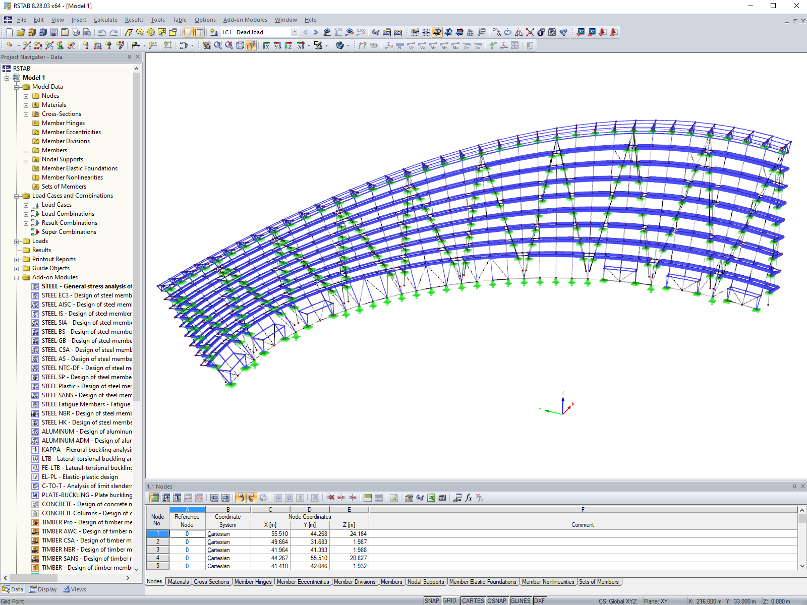 3D model fasádní konstrukce v programu RSTAB (© Huana Engineering Consulting (Peking) Co., Ltd. (SuP Ingenieure GmbH))