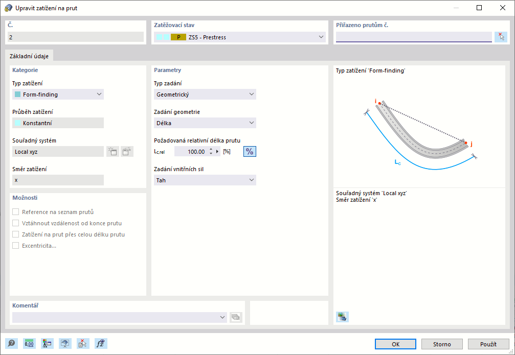 Nové zatížení na prut typu "Form-finding"