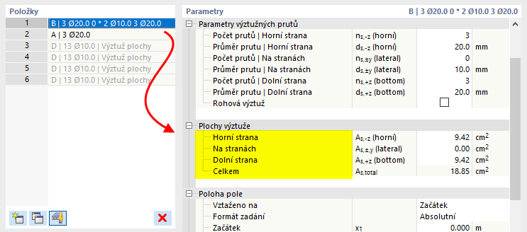 Podélná výztuž | Plochy výztuže