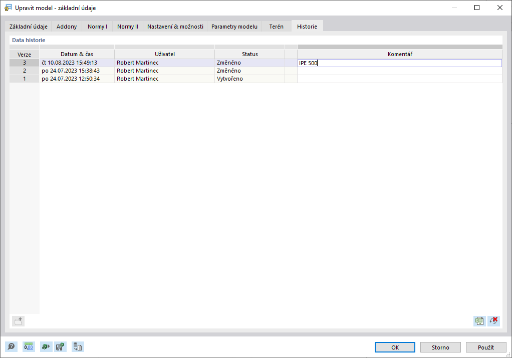 Dialog 'Upravit model-základní údaje', záložka 'Historie'