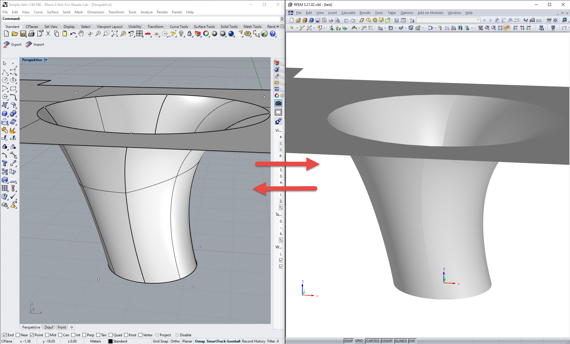 Výměna dat mezi programy Rhino (vlevo) a RFEM (vpravo)