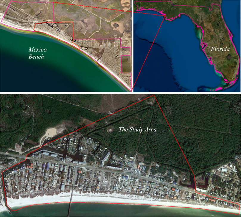 Geografická poloha Mexico Beach vzhledem ke státu Florida s detailním pohledem na vybranou studovanou oblast v Mexico Beach, FL