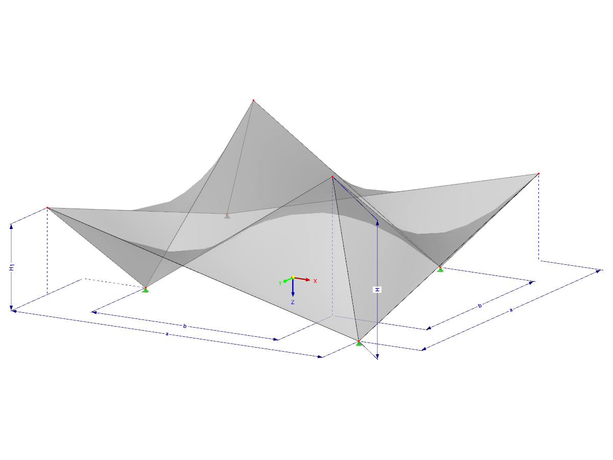 Model 002113 | SHH041-a | Antiklastické skořepiny | Systémy definování prostoru s rovnými "Hypar" plochami | Pět "hypar" ploch nad čtvercovým půdorysem s parametry