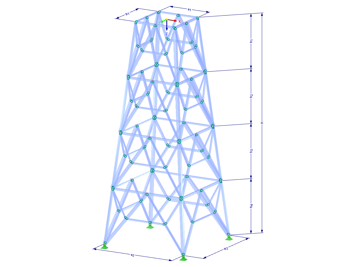 Model 002194 | TSR053-a | Příhradový stožár | Obdélníkový půdorys | K-diagonály dole (rovné) a mezilehlé horizontály s parametry