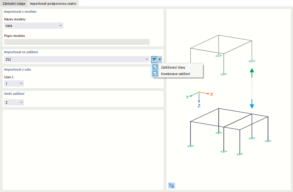 Zadání modelu, zatížení a uzlů pro import podporové reakce
