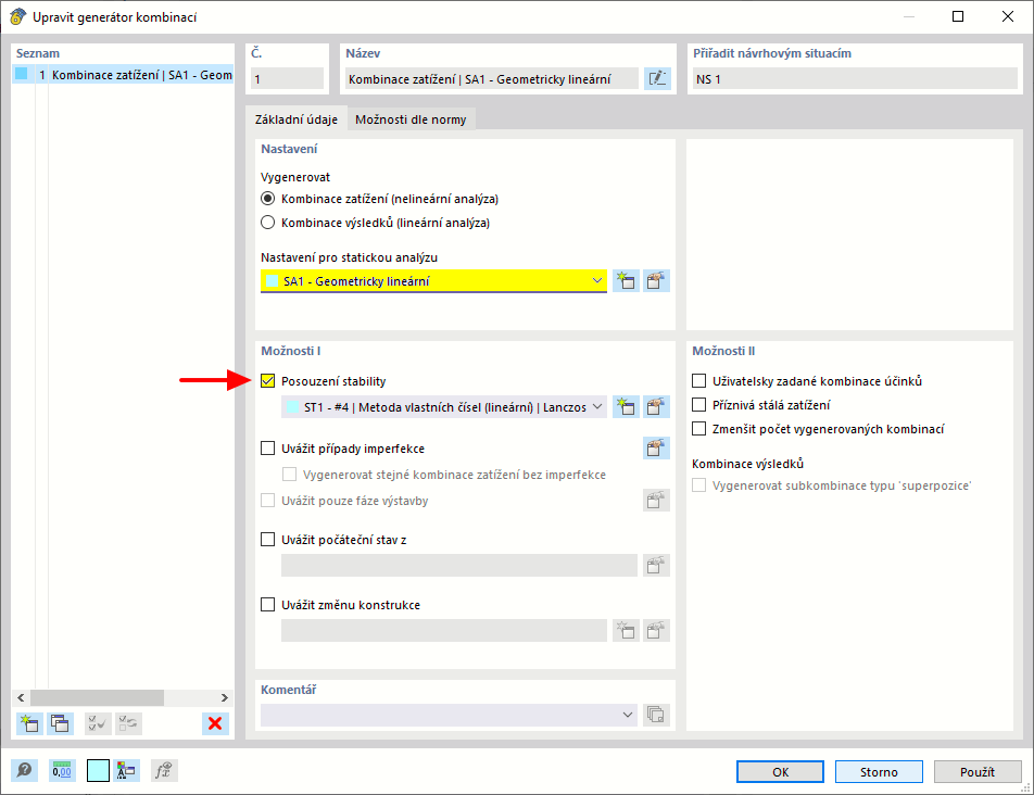 Aktivovat posouzení stability v asistentu kombinací